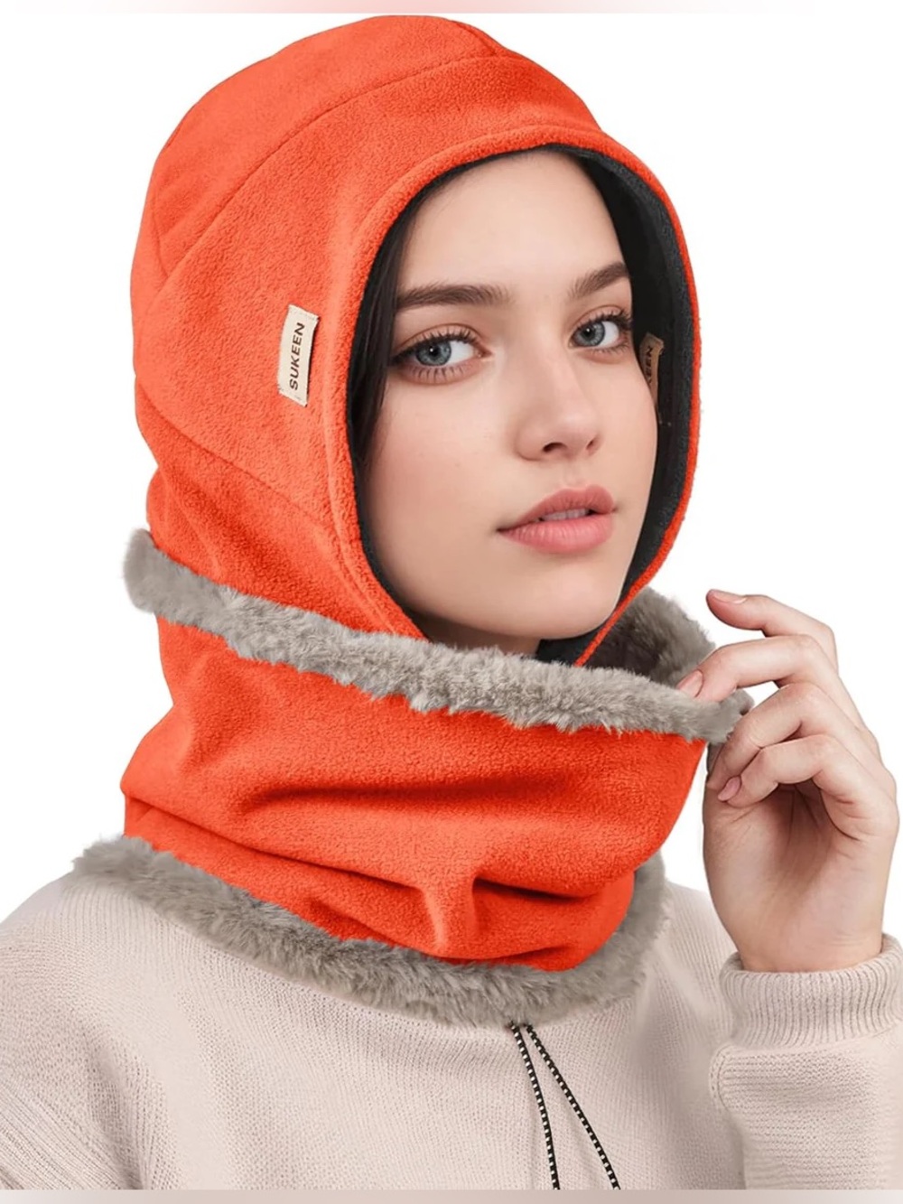 Keen Orange Fleece Hat and scarf with Gray Faux Fur Trim